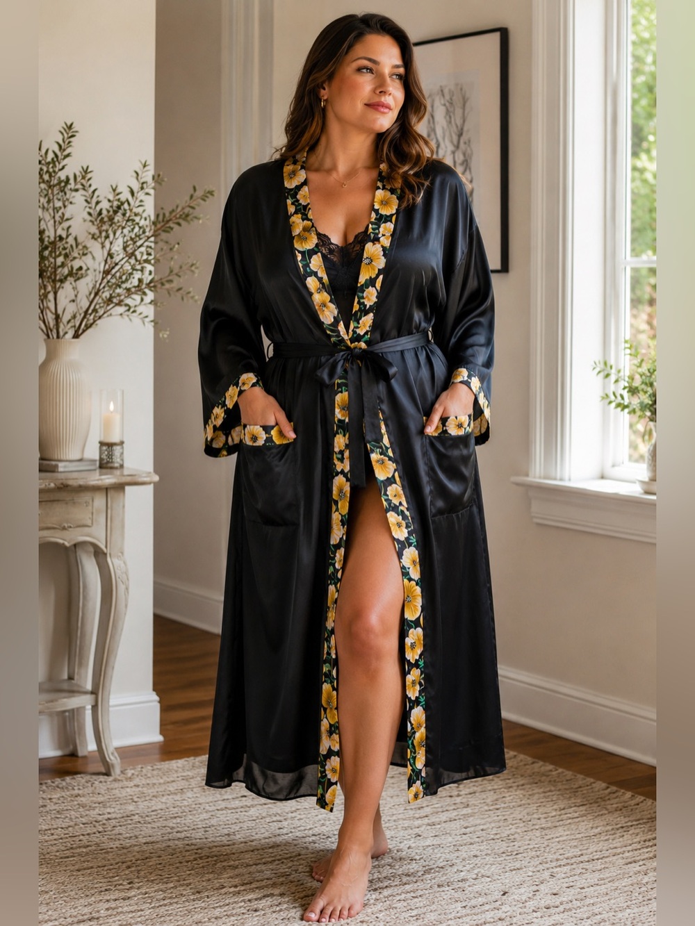 Black Satin like Floral Kimono Robe | Long Wrap Duster | Size 44 US L/XL